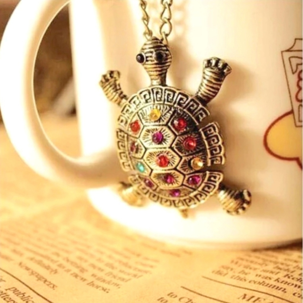 TURTLE Bronze & Colorful Rainbow Crystals Rhinestone Long Sweater Chain Necklace - Picture 1 of 9